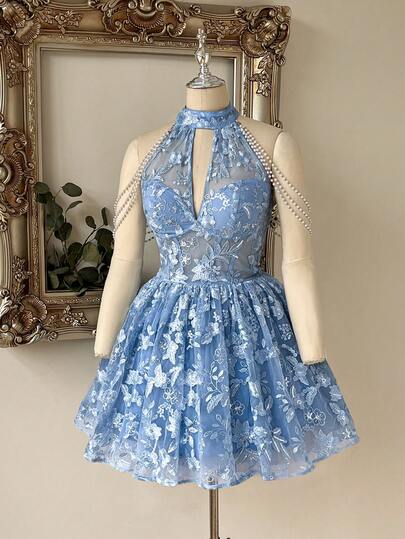 Lovelzi Elegant Blue Luxury 3D Beaded Embroidery Halter Neck V-Neckline 3D Beaded Chain Sleeve Mini Short A-Line Puff Skirt Suitable For Date Vacation Bachelorette Party Wedding Event Graduation Homecoming Blue Evening Gown Women's Ball Gown