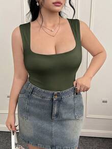 CovetEZ 春夏基本款日常休閒素色圓領背心大尺碼緊身版型 - 軍綠色 - 查看 9