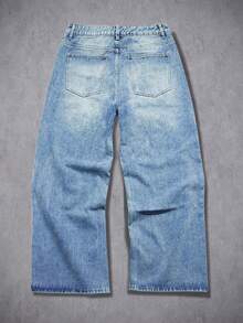 Manfinity Denimwave 男士街頭風哥德天使印花水洗牛仔直筒寬腿長褲 - 淺色水洗藍 - 查看 2