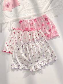 PetitDoll 3pcs Plus Size Women's Sweet Floral Frill Trim Back Waist Cute Bow Design Series Hipster Panties - Multicolor - View 2