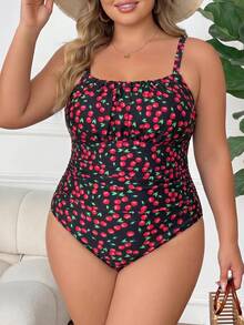 SHEIN CURVE+ Plus Size Cherry Print One-Piece Swimsuit Vacation Going Out Party Black Summer Sexy Tropical - Multicolor - View 5