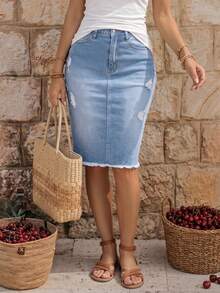 EMERY ROSE Rok Denim Pas Badan Kasual dengan Ujung Robek, Musim Panas - Light Wash - View 2