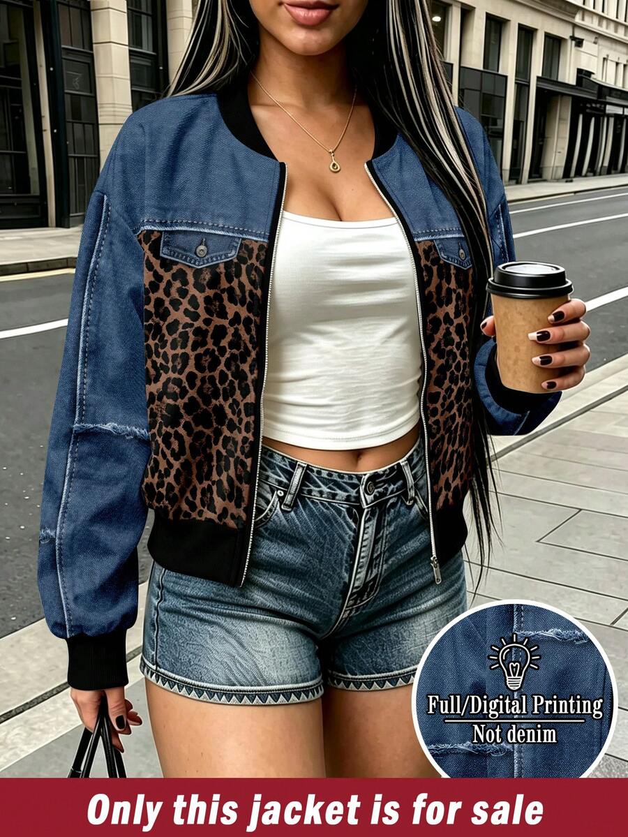 Rovax Women's Denim Leopard Graphic Print Zipper Jacket Coat