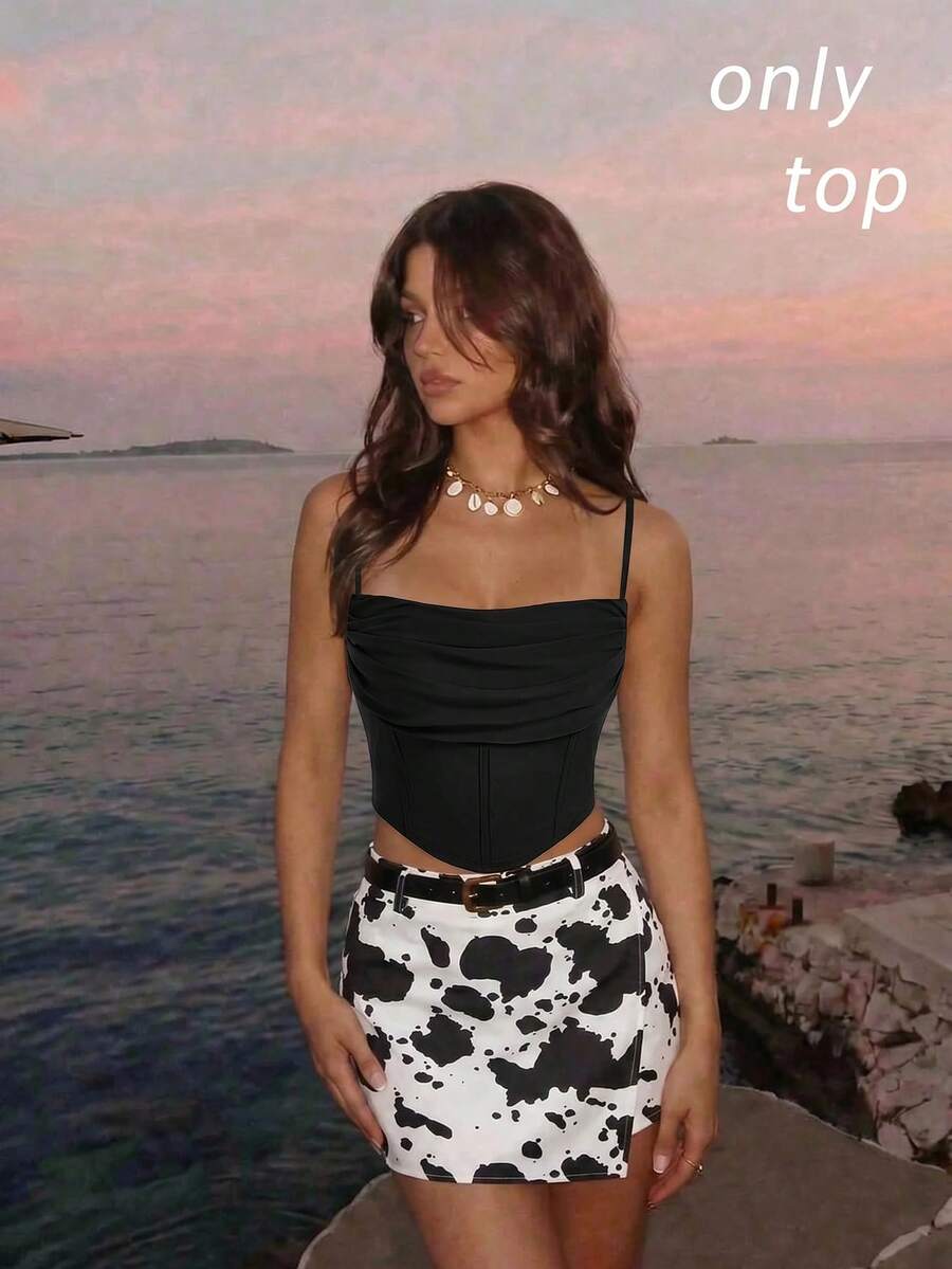 SHEIN MOD Biack Summer Solid Ruched Asymmetrical Hem Top - Black - View 1