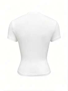 EMERY ROSE Women's Navy Solid Button-Up Short Sleeve Casual Cropped T-Shirt - White - View 2