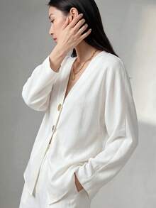 SHEIN Jaket Tipis Lengan Raglan Minimalis Elegan untuk Wanita, Cocok untuk Musim Semi/Gugur, Warna Polos, Gesper Logam, Lengan Raglan, Cocok untuk Pakaian Sehari-hari. - Putih - View 5