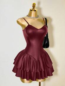 Mistrie Black Outfits Women Sexy Dress PU Asymmetric Cup Corset Waist Cake Ruffle Hem Dress - Burgundy - View 5