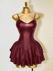 Mistrie Black Outfits Women Sexy Dress PU Asymmetric Cup Corset Waist Cake Ruffle Hem Dress - Burgundy - View 6