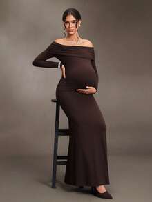 Cheriluna Maternity Maternity Party Photoshoot Dress, Elegant Cold Shoulder Backless Knot Long Sleeve Fitted Hem Mermaid Brown Autumn Fall - Brown - View 4
