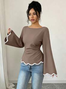 Elenzga Women's Spring/Summer 1pc Positioned Wavy Heart-Shaped Woven Ribbon Lace Trim Ruched Waist Blouse - Mocha Brown - View 3
