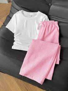 SHEIN Conjunto informal a juego de top y pantalones a rayas para niñas preadolescentes - Multicolor - Ver 2
