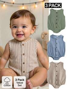 SHEIN Vintaside Kids 男嬰夏季經典條紋三色前開襟連身衣 3 件組 - 彩色 - 查看 3