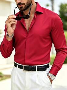 Manfinity Mode Men's Long Sleeve Dress Shirt,Red,Autumn,Smart Casual,Dinner,Solid Color Business & Formal Button-Up,Regular Fit Office Attire,Smooth Texture,Ceremony - Red - View 3