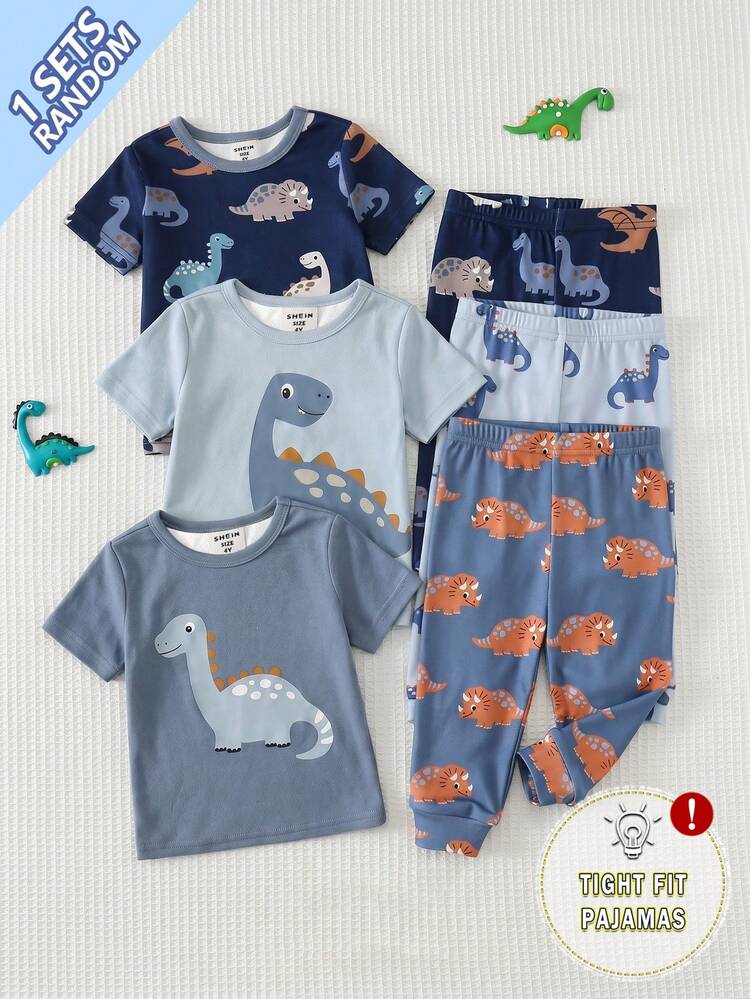 [Randomly Sent 1 Set]Boys' Spring/Summer New Fashion Short Sleeve Long Pants Tight Pajamas, Cartoon Dinosaur Print, Knitted Fabric, Comfortable And Soft, Short Sleeve Long Pants Loungewear Pajamas - Multicolor - View 4