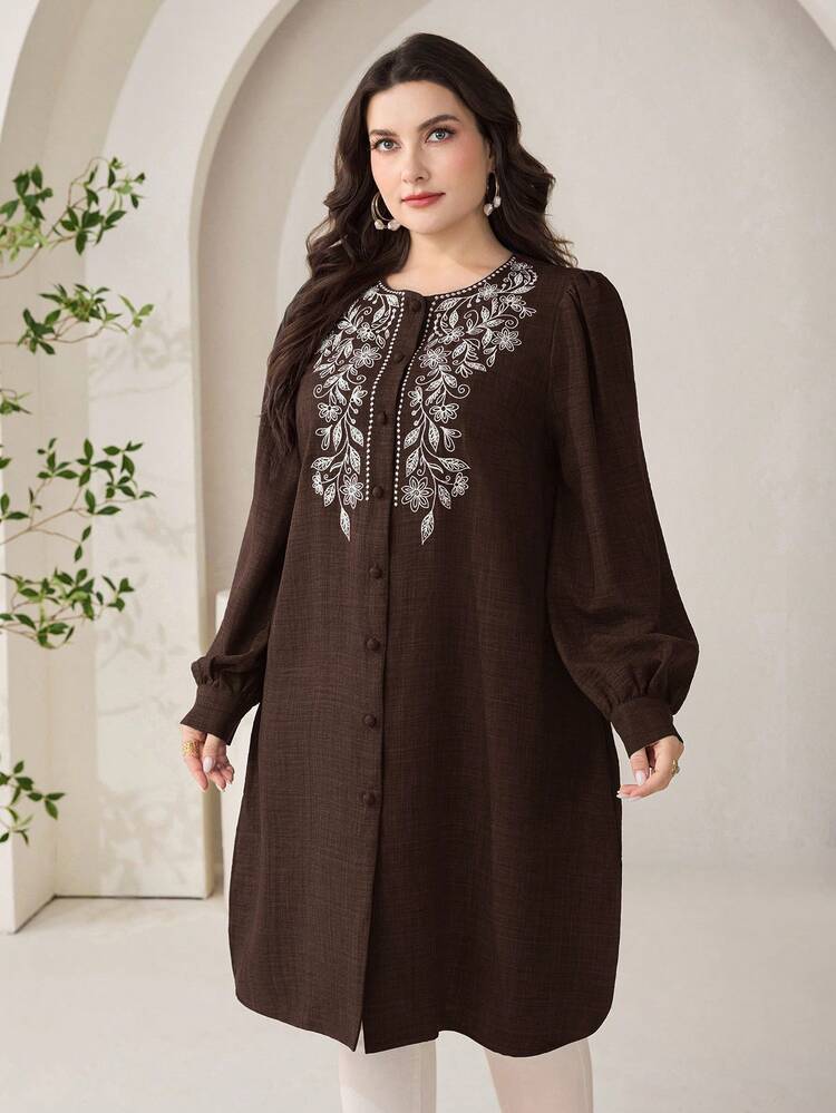 Veilorie Plus Size Women's Floral Embroidered Round Neck Long Sleeve Single-Breasted Long Shirt - Coffee Brown - View 8