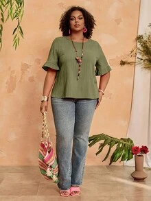 BrightlyHer Blusa de mangas cortas con volantes en el bajo, de talla grande, de estilo sencillo, de moda casual para uso diario y vacaciones, para mujer, primavera/verano - Verde militar - Ver 6