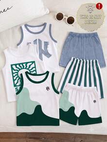 SHEIN Playful Pals 3 Sets  Casual Classic Faux Pattern, Sun Pattern, Color Block Patchwork Pattern Printed Sleeveless Tank Top And Matching Printed Shorts,School Clothes - Multicolor - View 1