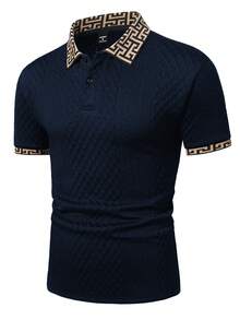 EGENSIO Camisa polo de hombre de punto jacquard de unicolor con textura y cuello y puños acanalados - Azul Marino - Ver 3