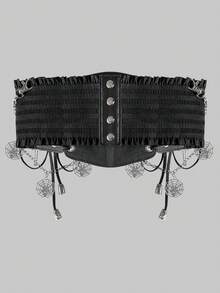 ROMWE Goth 1 件女式哥特式黑色蕾丝十字链骷髅装饰弹性腰带连衣裙配饰，万圣节服装 - 黑色 - 查看 2