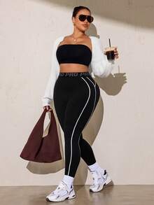 SHEIN Rhythm Era Women's Plus Size Letter Waistband Casual Sports Leggings - Black - View 6