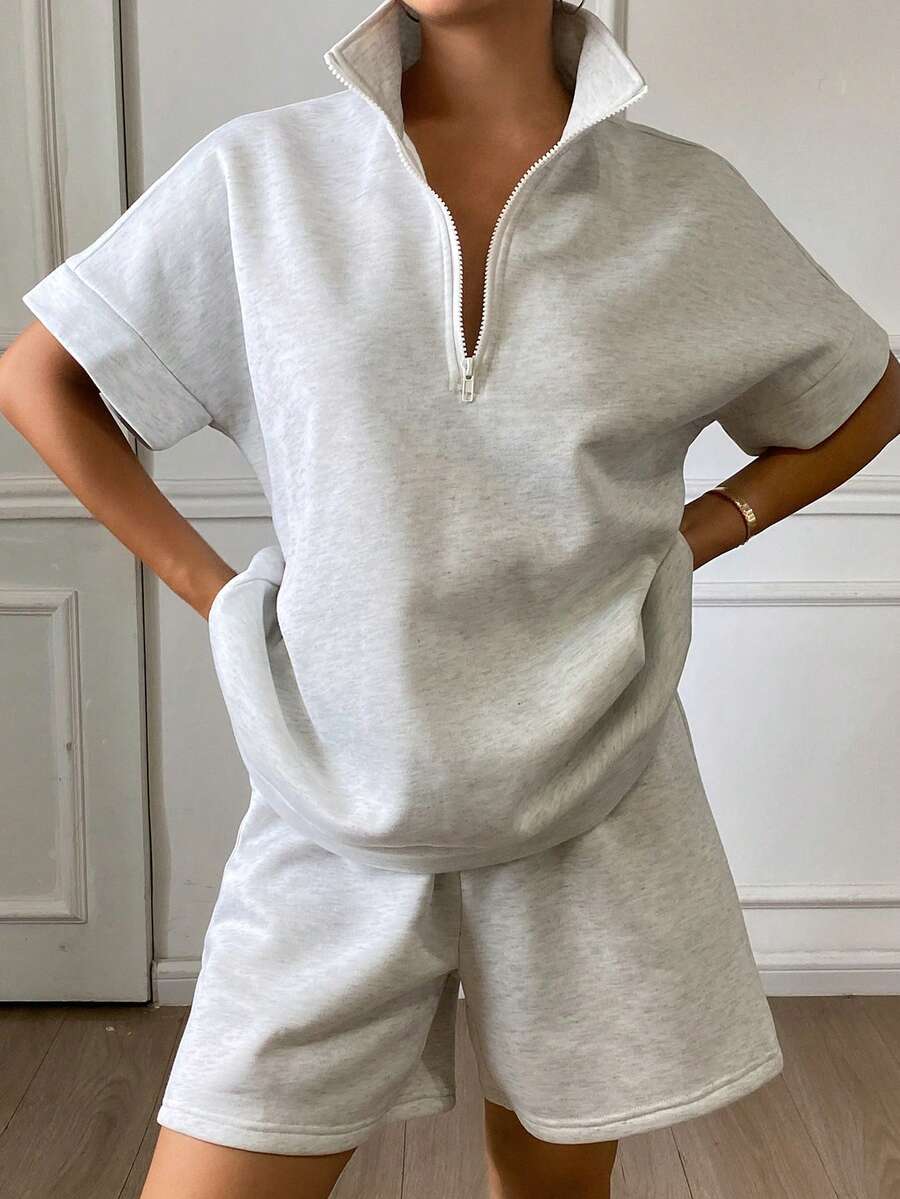 Livesso Women's Solid Color Short Sleeve Top And Shorts Casual Daily 2 Pieces Set Summer - Grey - View 1