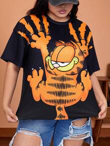 GARFIELD | SHEIN 加大码卡通猫咪印花圆领休闲短袖黑色T恤，女款夏季印花T恤，欧洲夏季Ute夏季上衣，可爱休闲款 - 黑色 - 查看 1