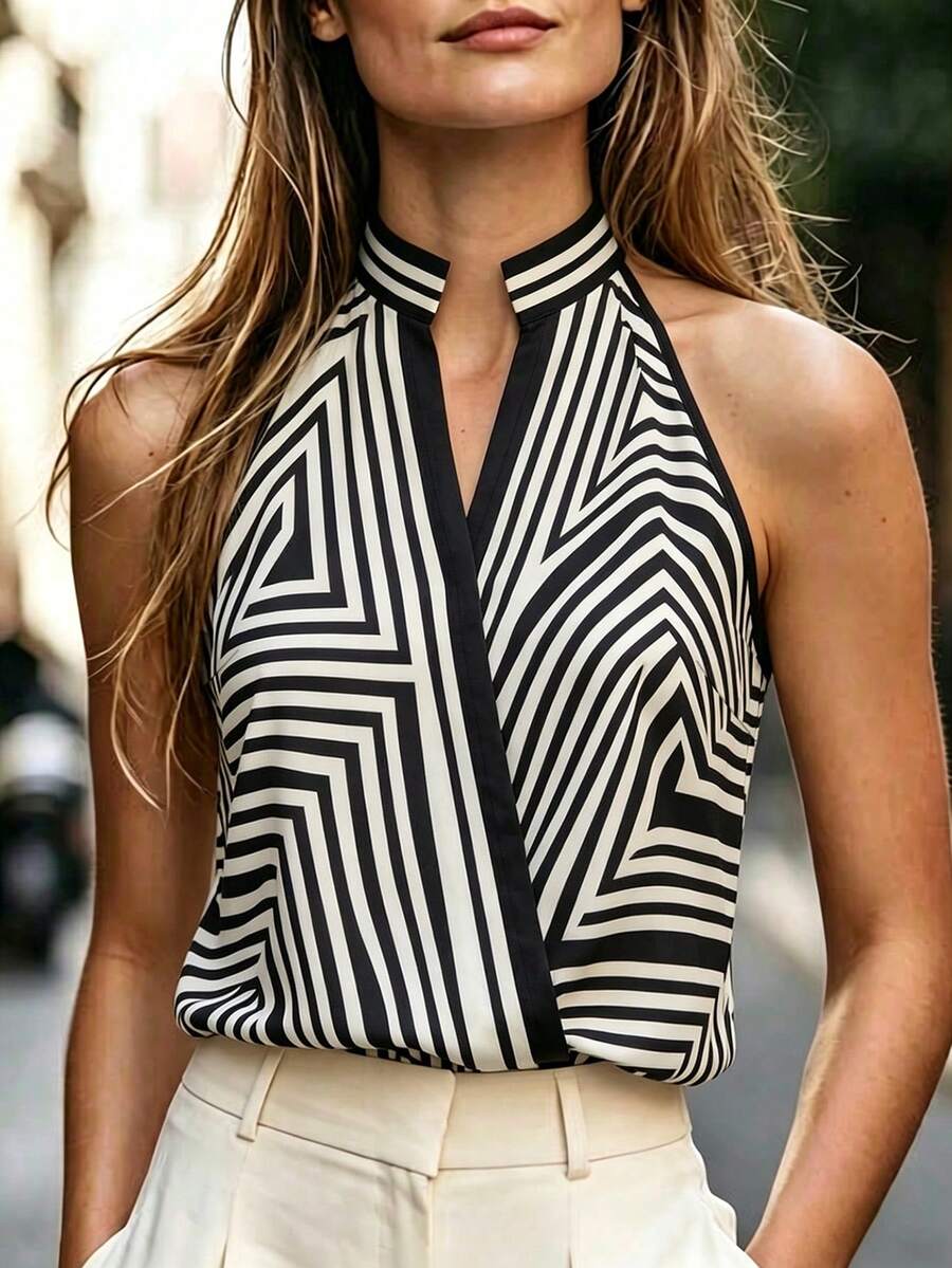 RosyDaze Geometric Striped V-Neck Halter Neck Commuter Top - Black - View 1