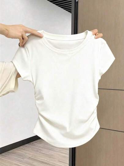 Resyla Plus Size Women's Waist Ruched Round Neck Short Sleeve T-Shirt