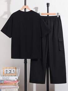 SHEIN 兒童/青少年男孩 2件組休閒基本款黑色T恤與工裝長褲 - 黑色 - 查看 3