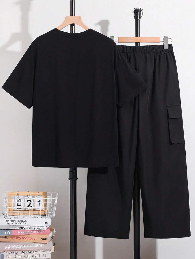 SHEIN Kids 2pcs Teen Boy Casual Basic Black T-Shirt And Cargo Pants - Black - View 2