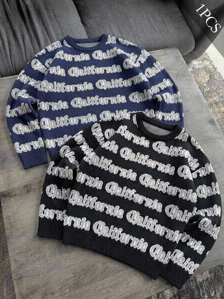Manfinity Roughcore Sweater Lengan Panjang Leher Bulat Jacquard Serbaguna untuk Pria, Cocok untuk Pakaian Sehari-hari, Liburan, Musim Dingin, Gaya Jalanan, Kumpul Bersama Teman, Hadiah untuk Pacar, Gaya Y2K - Hitam - View 1