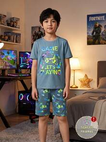 男孩幼童貼身睡衣短袖上衣與短褲套裝，趣味香蕉卡通圖案設計，舒適親膚柔軟面料，適合兒童居家穿著 - 淺藍色 - 查看 1