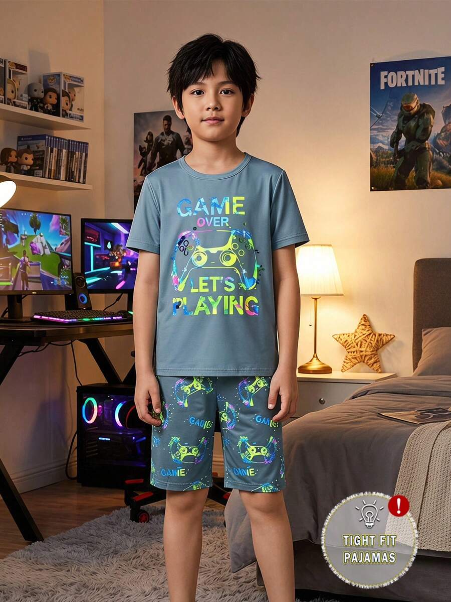 男孩幼童貼身睡衣短袖上衣與短褲套裝,趣味香蕉卡通圖案設計,舒適親膚柔軟面料,適合兒童居家穿著 - 淺藍色 - 查看 1