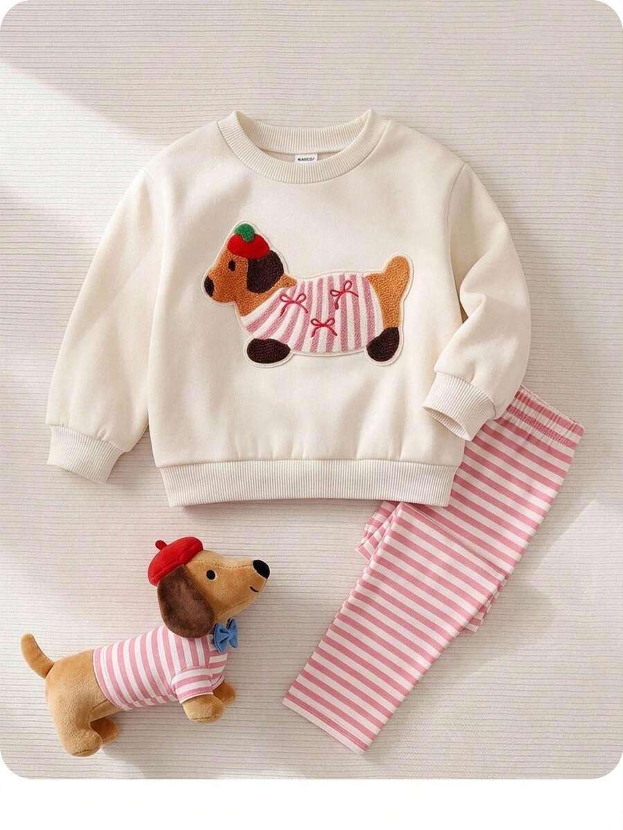 SHEIN Setelan Baju Sweatshirt Lengan Panjang dan Celana Panjang Bergaris Motif Kartun Lucu Kasual untuk Bayi Perempuan (3 Setelan, Dapatkan 1 Setelan Acak) - Putih - View 1