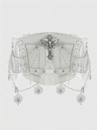 1pc Women's White Lace Chain Skeleton Cross Tie-Up Decor Goth Style Elastic Waist Band Dress Accessory, Halloween Outfit Decor