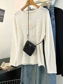Flirla Sweater Pullover Kasual Leher Bulat Ukuran Besar untuk Wanita, Cocok untuk Pakaian Sehari-hari di Musim Dingin. - Putih - View 1
