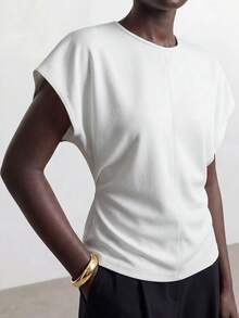 Duskaine Women's Casual Solid Color Batwing Sleeve Round Neck T-Shirt, Summer - White - View 7