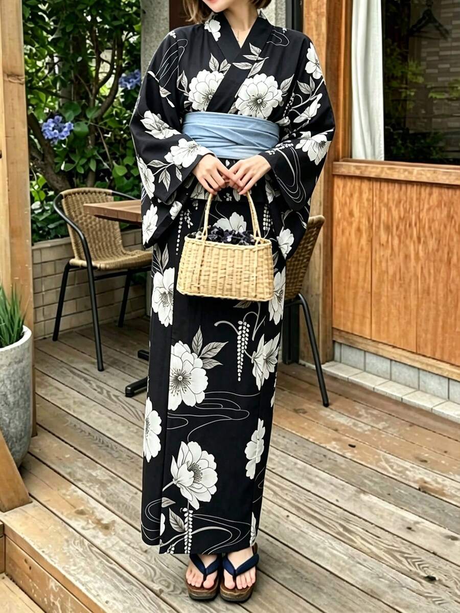 Irokai 日式傳統夏季女款兩件式和服浴衣 花卉印花(不含腰帶) - 黑色 - 查看 1