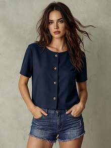 Franclia Blus Wanita Berkerah Bulat Lengan Pendek Berkancing Depan yang Modis dan Mewah - Royal Blue - View 3