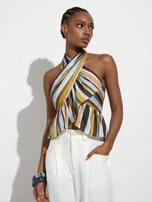 MAIJA Beach Striped Halter Crossover Ruffle Hem Crop Top Summer Fall Halloween Party School - Multicolor - View 9