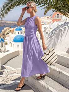 SHEIN LUNE CURVE Plus Size Women Solid Color Pleated Casual Daily Summer Travel Dress - Mauve Purple - View 6