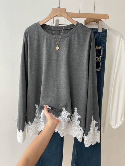 Franclia Plus Size Dark Gray Sweet Casual Round Neck Lace Trim Long Sleeve T-Shirt