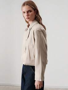 Aveloria Modichic Lapel Collar Long Sleeve Minimalist Comfortable Beige Short Jacket, Metal Buttons, Lapel Design, Loose Silhouette, Casual Versatile Style, Spring/Autumn Season, Fashion Commute, Minimalist Comfortable, Daily Outings, Commute, Outdoor Leisure, Seasonal Transition, Early Autumn Essential, Lightweight Women's Regular Jacket - Apricot - View 4