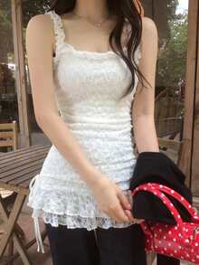 DAZY Tank Top Wanita dengan Hiasan Renda Bergelombang, Gaya Korea Musim Semi/Panas - Putih - View 6