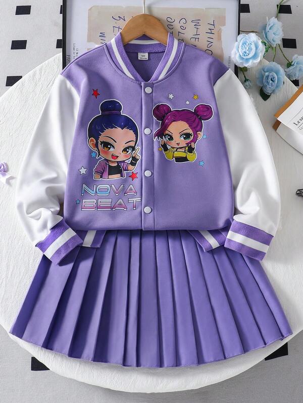 SHEIN 2pcs/Set Tween Girls Sweet & Cool Casual Outfit, Purple & White Colorblock Cartoon Print Baseball Jacket With Ribbed Cuffs, Matching High-Waist Pleated Mini Skirt, Soft Skin-Friendly Fabric, Suitable For Spring/Autumn School, Outdoor Trips, Shopping, Dates, Daily Wear And More