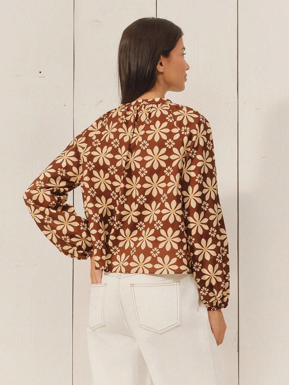 Brown Yellow Vintage Floral Lprint Long Sleeve Cotton Blouse With V-Neck And Ties Summer Holiday