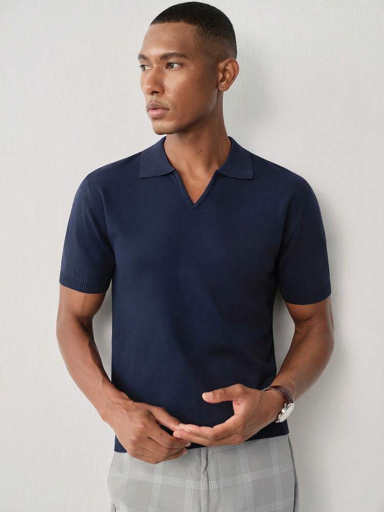 Manfinity CityGents Men's Casual Versatile Solid Color Short Sleeve Knit Top - Navy Blue - View 6