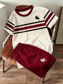 SHEIN 大童男孩復古風馬騎手條紋印花紅杏色休閒舒適百搭時尚圓領T恤短褲套裝，適合日常穿著、戶外與城市運動 - 彩色 - 查看 3