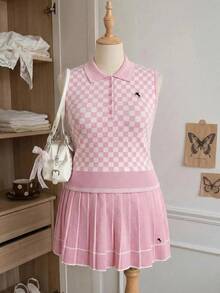 Comfortcana Plus Size Women's Tennis Style Checkerboard Knit Tank Top And Pleated Knit Skirt Set Fall - Pink - View 2