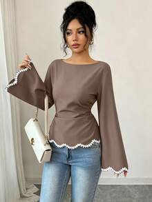 Elenzga Women's Spring/Summer 1pc Positioned Wavy Heart-Shaped Woven Ribbon Lace Trim Ruched Waist Blouse - Mocha Brown - View 6